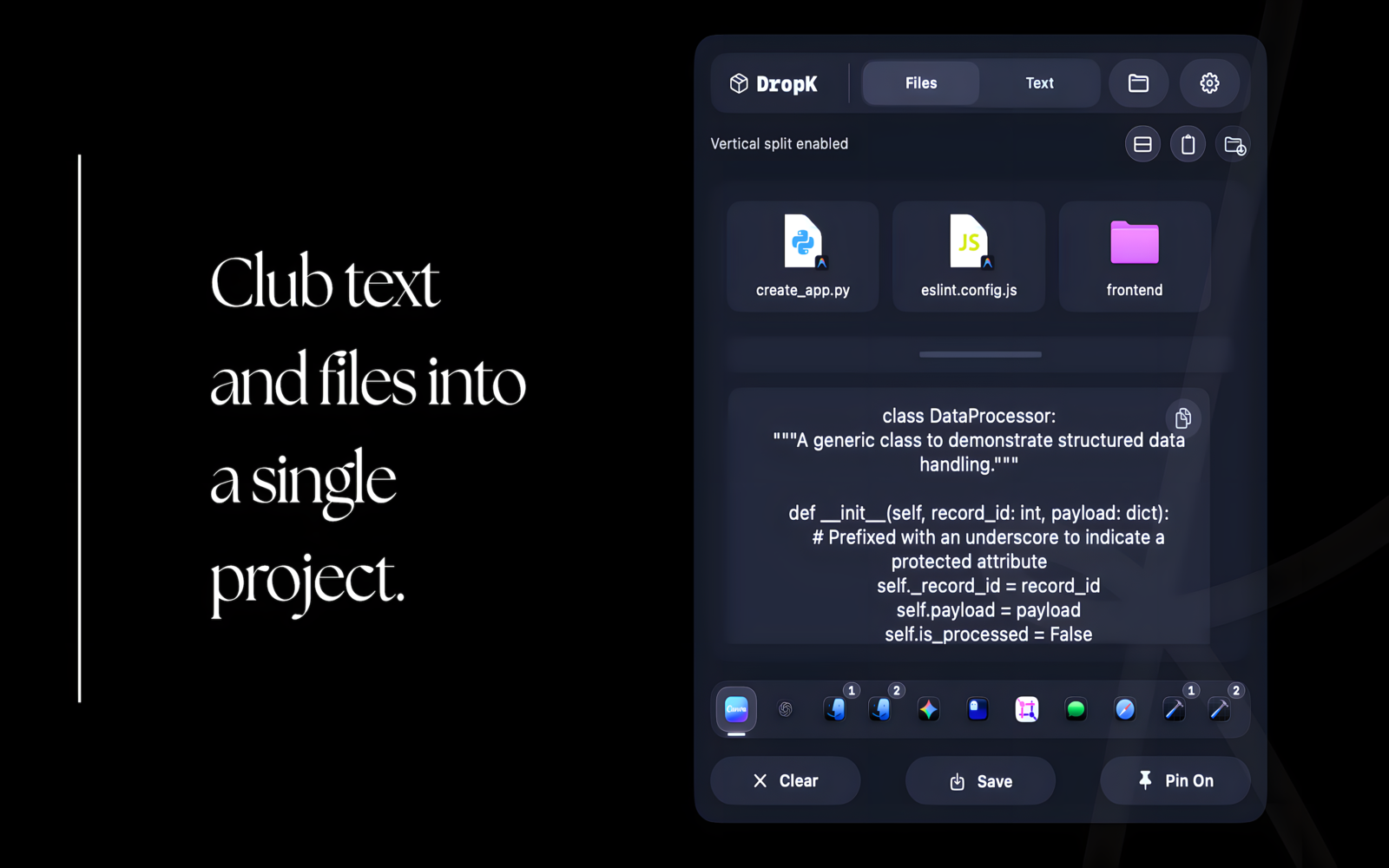 DropK holding files and a block of text together in one shelf.