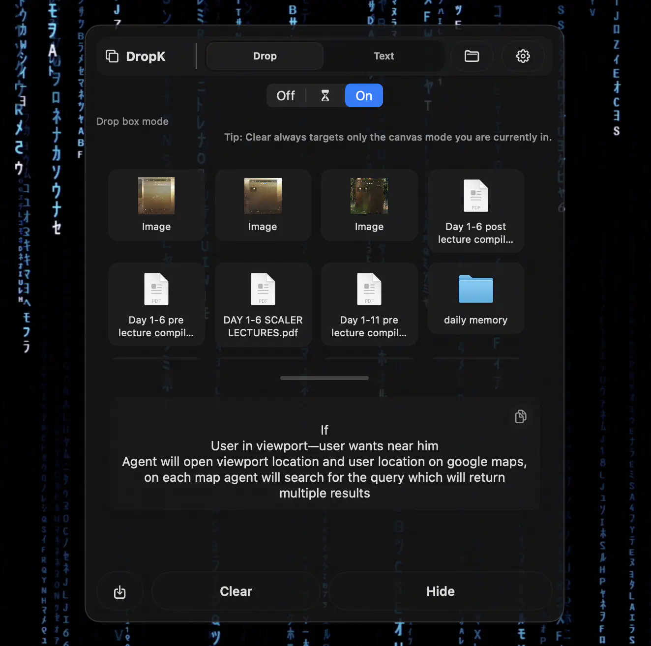 DropK showing dropped files and documents in a visual grid.