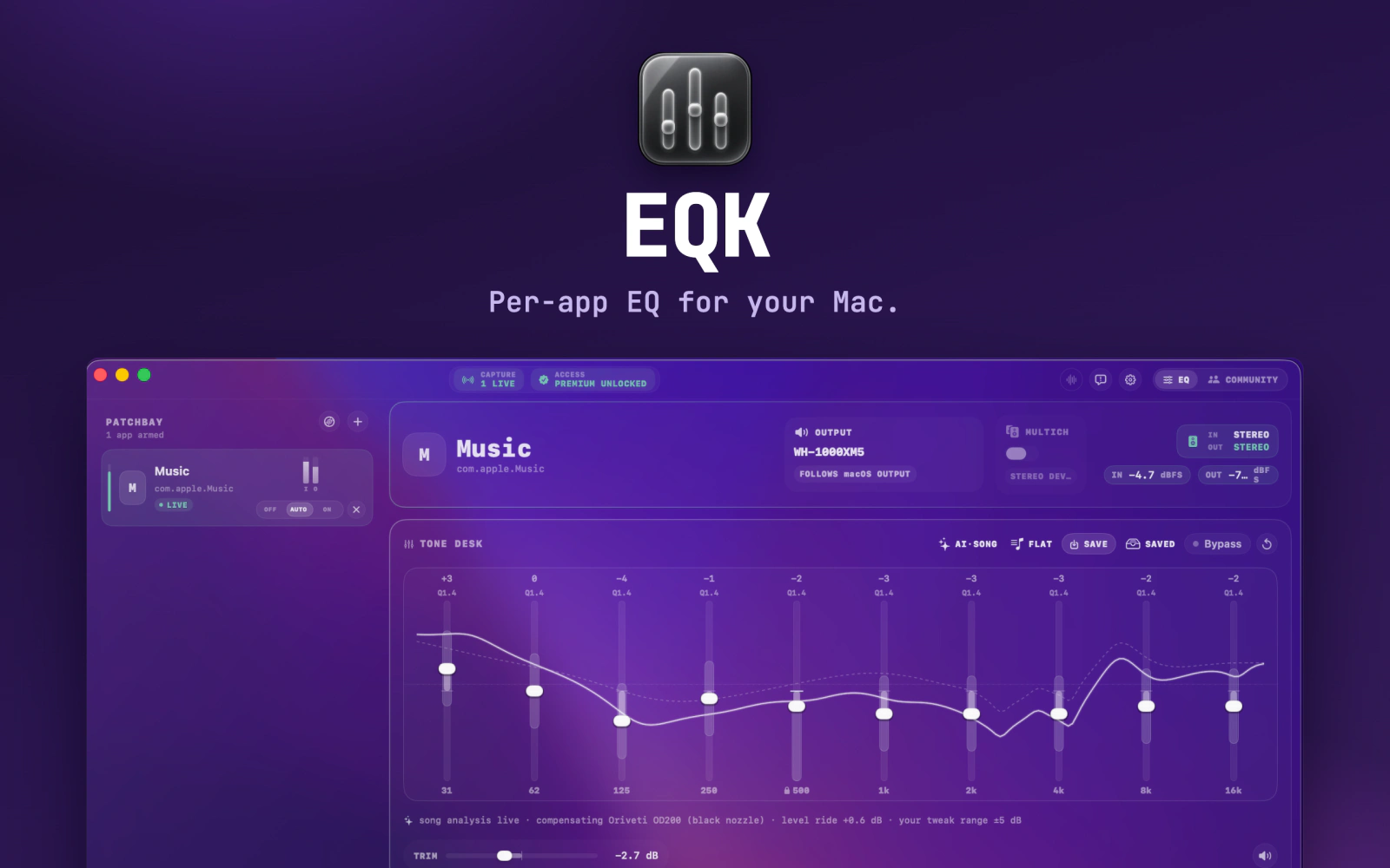 EQK for Mac: the app icon above a live tone desk with the Music app routed to its own equalizer.